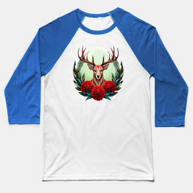 Ohio White Tailed Deer Surrounded By Red Carnations Tattoo Art Baseball T-Shirt by taiche